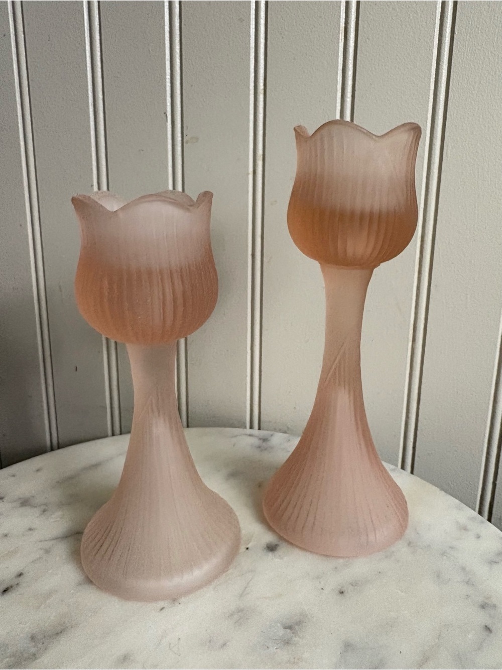 Pair of Vintage Frosted Glass Tulip Candleholders Westmoreland Flower VTG Retro